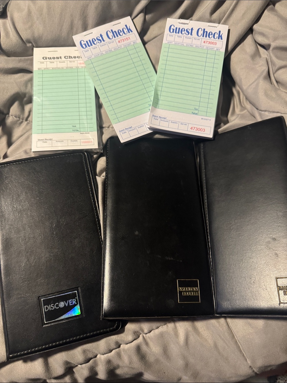 Black Leather Server Checkbook with Discover and American Express Logos